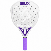A white and purple SIUX Pro Padel racket on a solid white background, featuring a perforated paddle face and a purple wrapped handle.